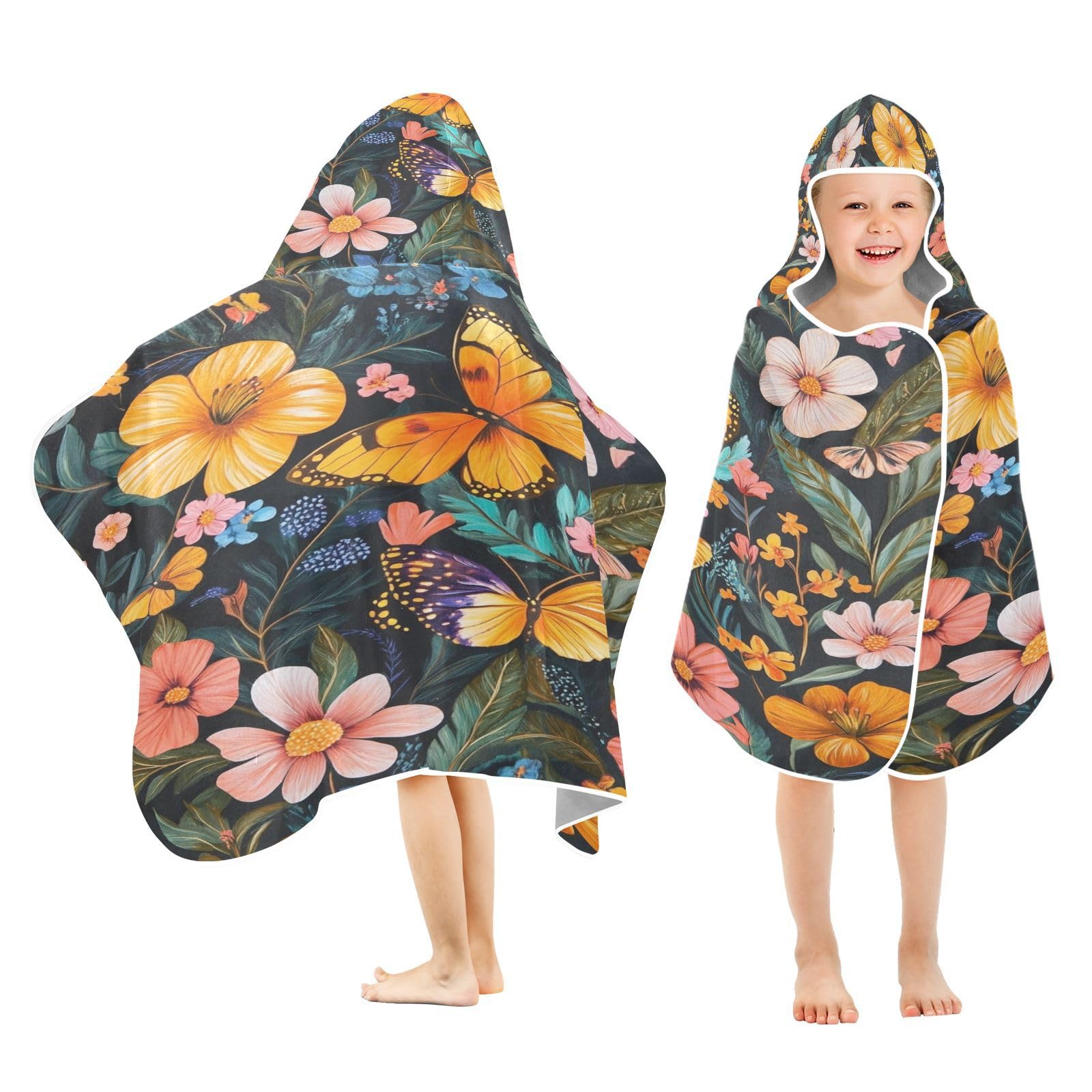 Kigai Butterfly Flowers Hooded Beach Towel for Kids Soft Absorbent Quick Dry Bath Towel with Hood Lightweight Toddler Shower Pool Bath Wrap for Boys Girls