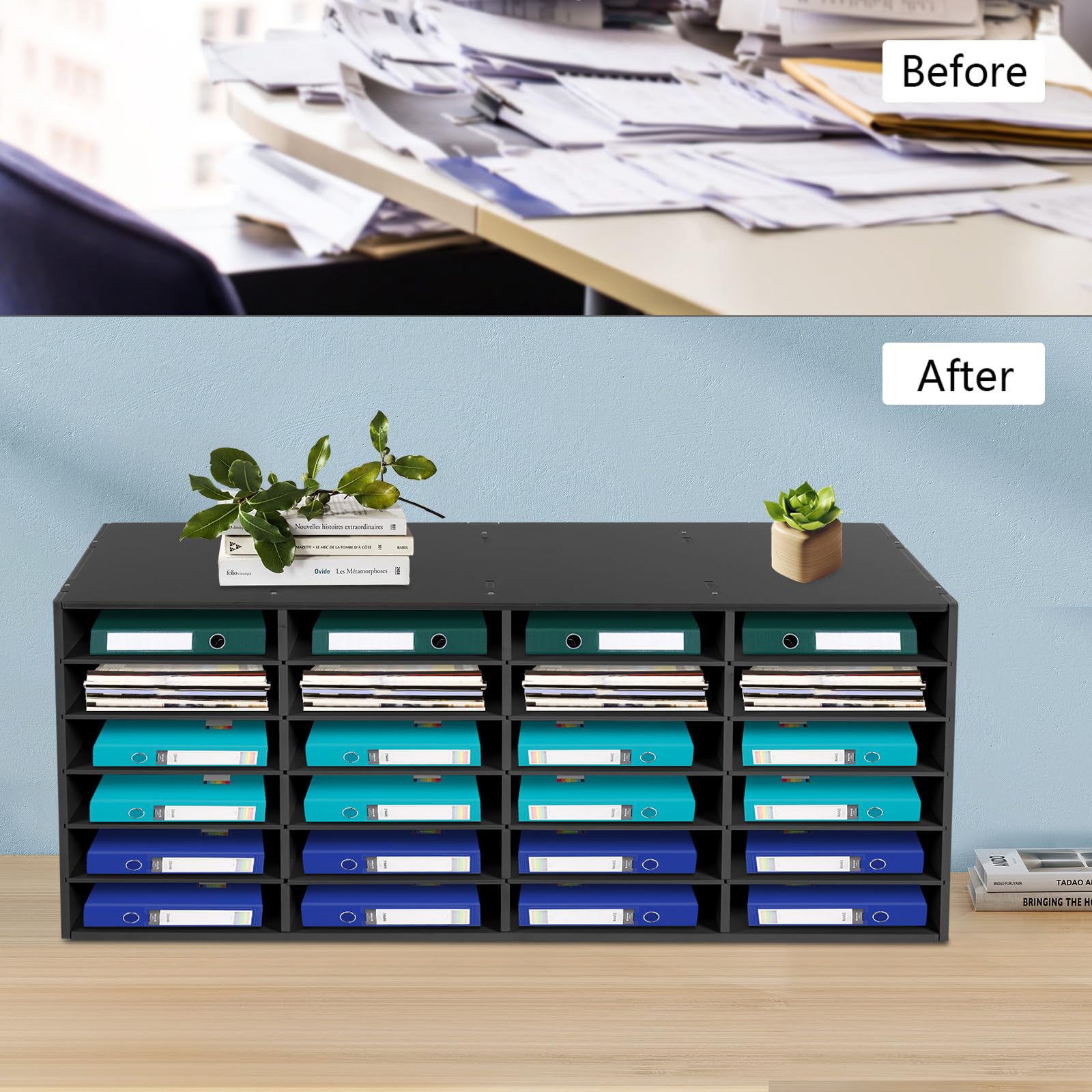 Dateihalter, Rechteckig Schreibtisch Organizer mit 24 Fächern Papiersortierer Gestuftes Regal für Schule/Büro Zubehör für Home Office 100x30x42cm Schwarz