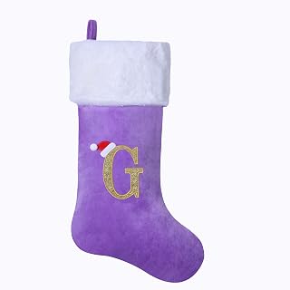 20-Inch Christmas Stocking with Embroidered Letter, Thick and Luxurious Purple Velvet with Super Soft Plush Cuff Personalized Festival Decoration for Xmas and New Year Party (Letter G)