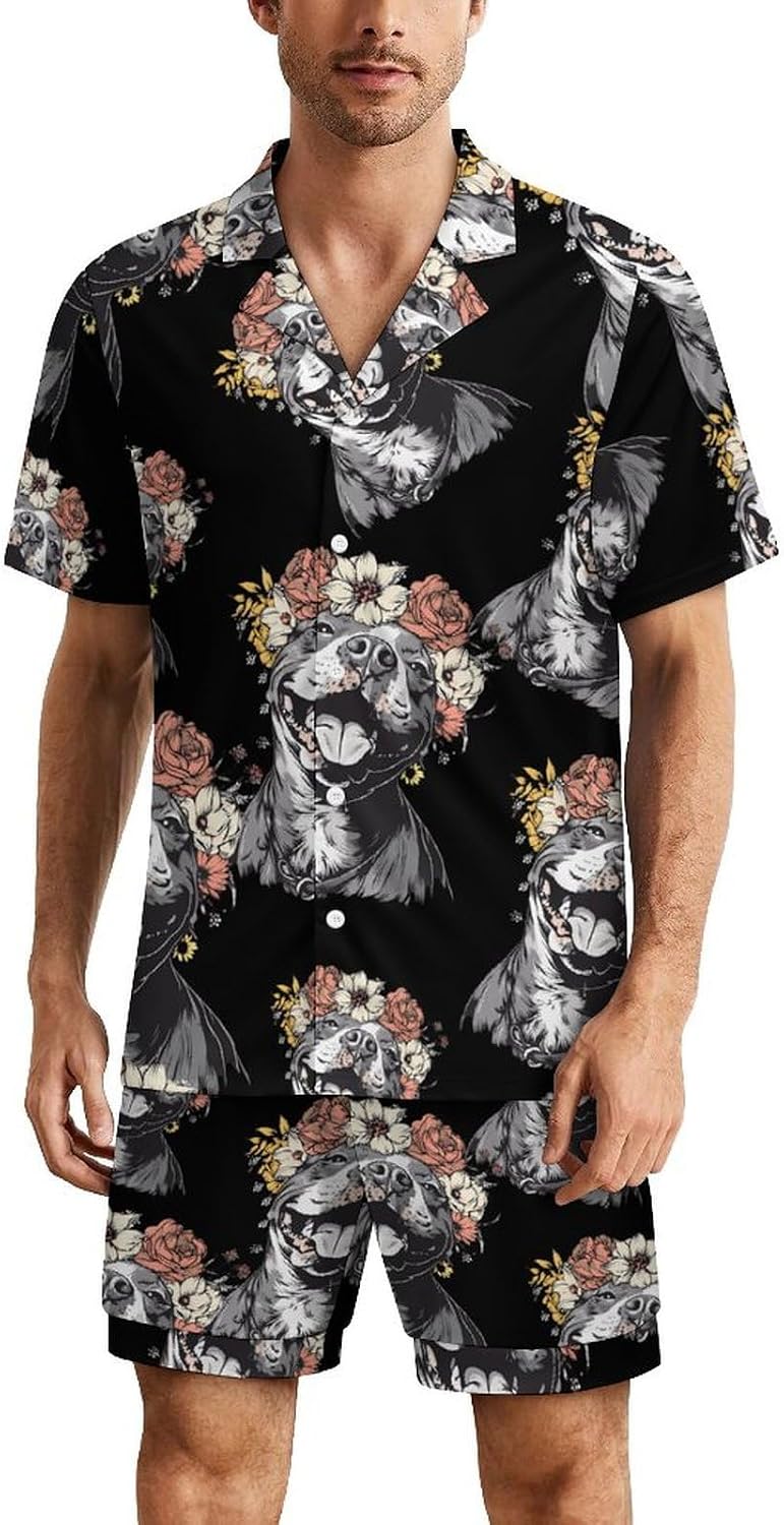 Pit Bull Dog with Head Wreath Men's Short Sleeve Pajama Set Satin Silk Like Lounge Sleepwear