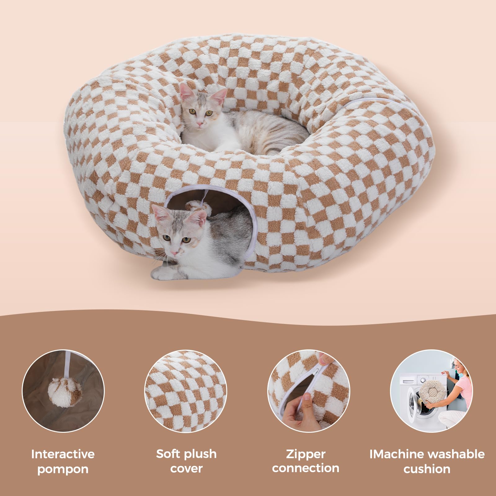 PEQULTI Túnel para gatos con cama para gatos de interior, túnel de dona con alfombrilla de felpa suave lavable, túnel redondo para gatos, lindo tubo para gatitos, cachorros, conejos y hurones, marrón