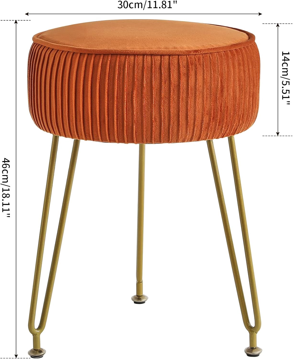 IBUYKE Velvet Round Footrest Stool Ottoman, Makeup Vanity Stool Side Table, Velvet Dressing Table Seat, Pouf Couch Stool, Golden Steel Legs, Orange LG-30J - Image 3