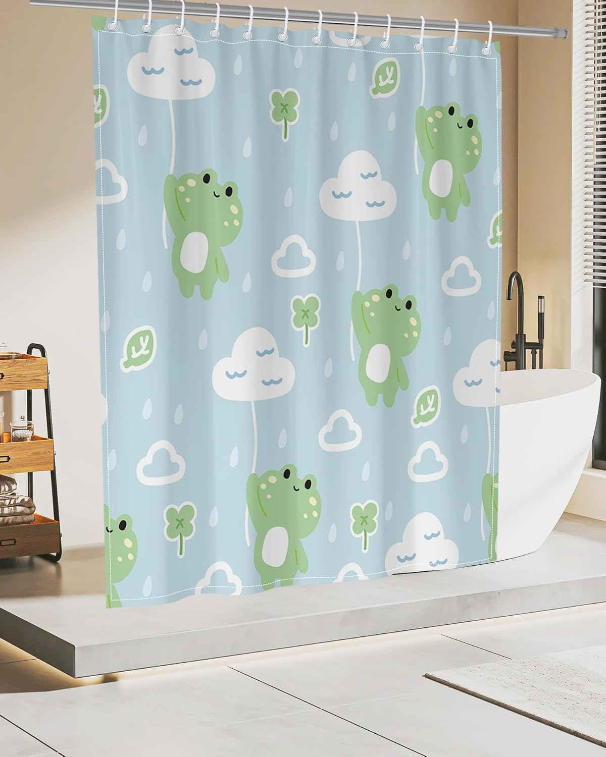 Lindameler Frog Shower Curtain for Kids Childern Blue Funny Cartoon Shower Curtain Set Waterproof Fabric Bathroom Curtain with 12 Hooks 72x72 Inches(Cute Frog)