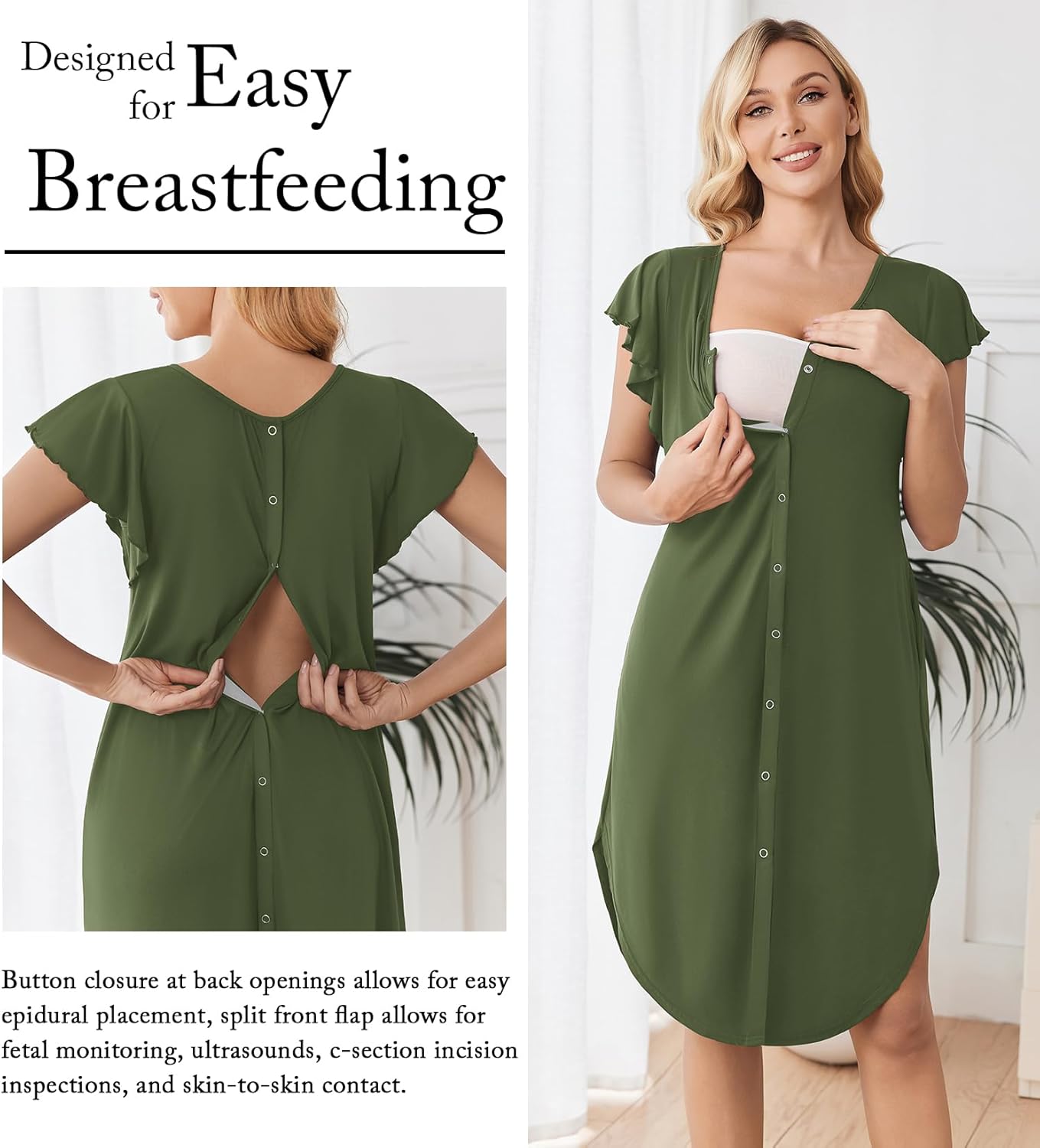 Ekouaer Labor and Delivery Gown 3 in 1 Nursing/Hospital/Breastfeeding/Maternity Flying Short Sleeve Nightgown with Button - Image 3