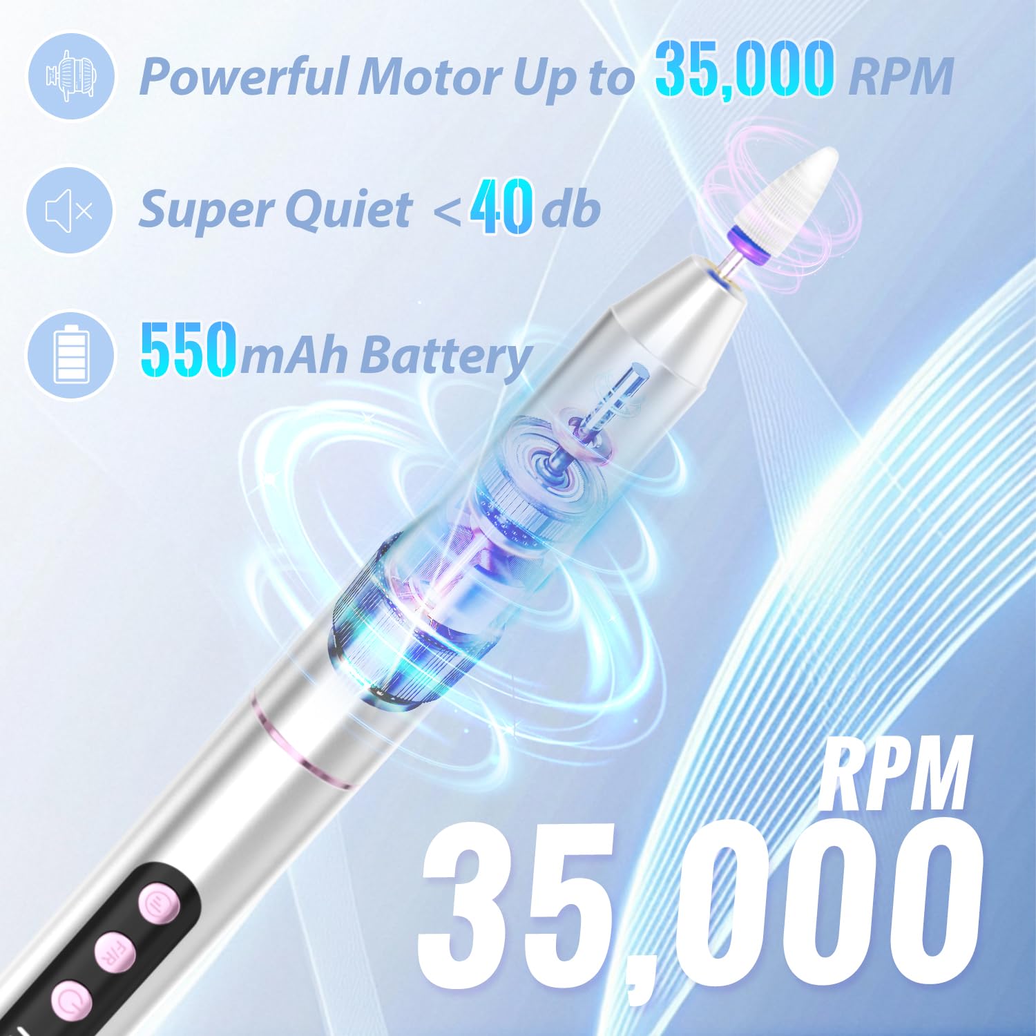 Denabuty Cordless Electric Nail Drill File: 35000RPM Professional Nail Drill Machine with UV LED Nail Lamp Charging Base 2 in 1 - Image 3