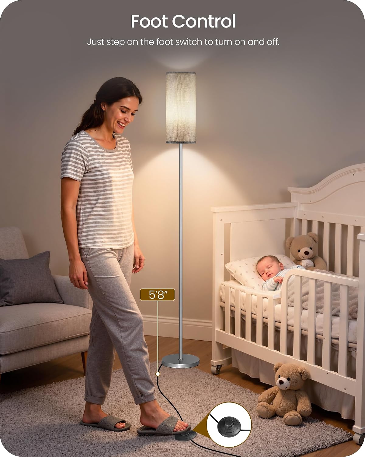 Dimmable Floor Lamps for Living Room with Remote and Foot Switch, 64.4” Modern Standing Tall Lamp, Corner Lamp for Bedroom, Office, Bulb Included, 3000K-6500K, Gray and Silver, FCC Listed SH06LD05W1 thumbnail