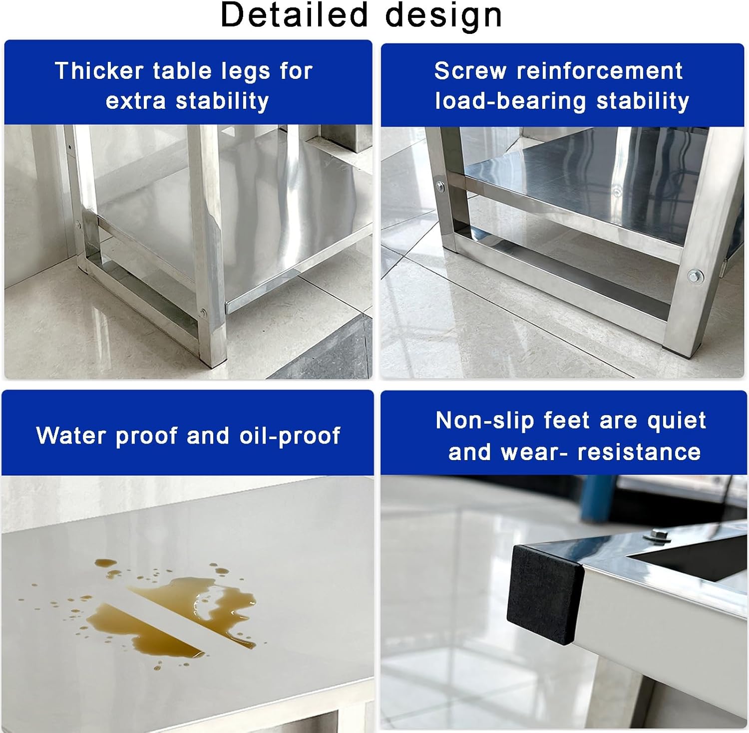 Stainless Steel Table Thickened Stainless Steel 400kg Load Thicker and Thickened Tubing Non-Slip Silent Feet Water Proof Stainless Tables