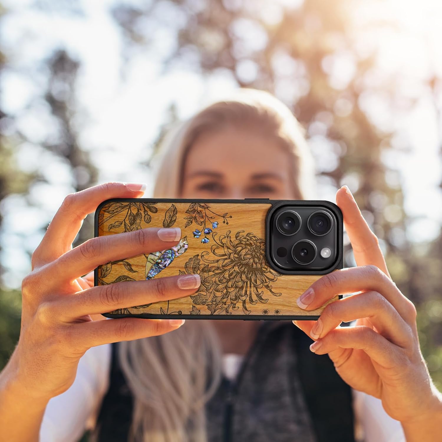 Carveit Magnetic Case for iPhone 16 Pro Case, Wood Artisan Engraved & Handmade Shell Inlaid, TPU Shockproof Cover, Compatible with MagSafe Wireless Chargers (Flowers and Bird) Cherry