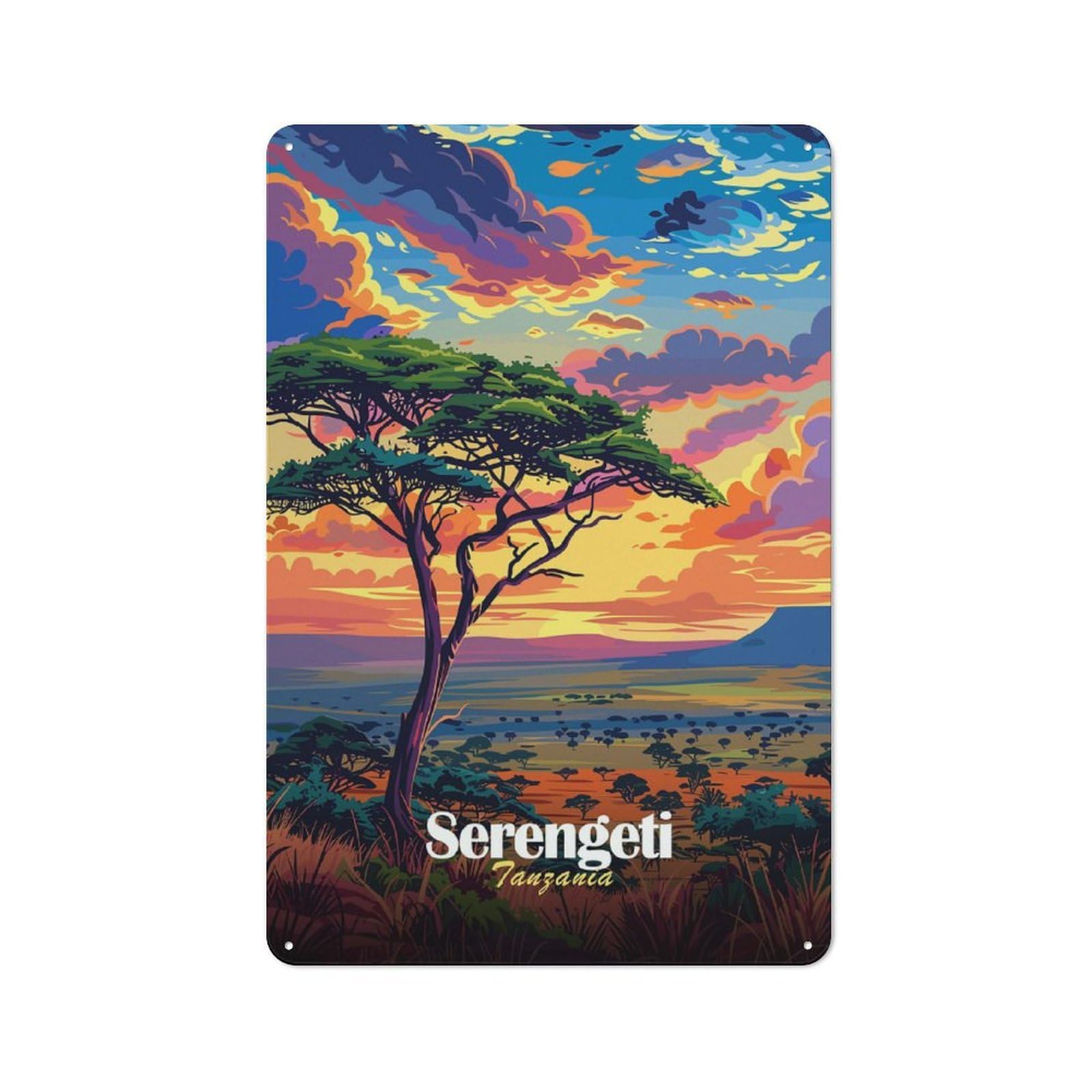Junmoney Style-4 Serengeti Sunset Landscape Vintage Metal Wall Decor 30X20cm, Garden Room Metal Sign For Patio Bar, Workshop, Shed Or Kitchen