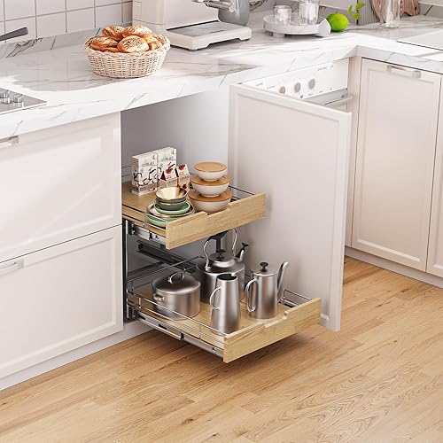 Miniatura 4 de Organizador de gabinete extraíble, estante deslizante resistente, cesta de madera y alambre, cajón extraíble para cocina debajo del fregadero,