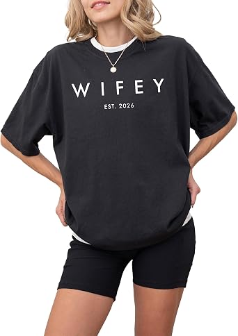 Wifey Graphic T-Shirt for Women - 100% Cotton, Retro Oversized Honeymoon Tee - Soft, Preshrunk Casual Top, Ideal Gift for Her
