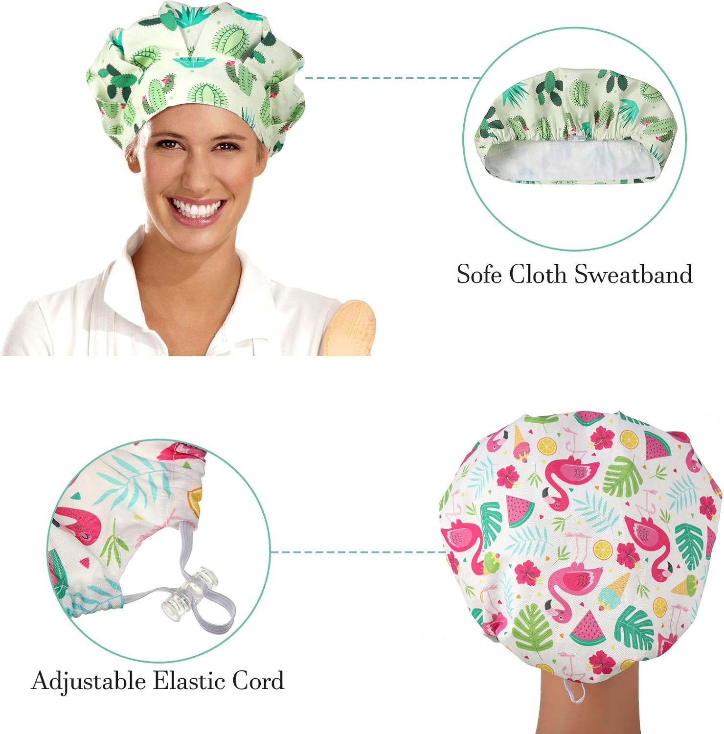 4 Pieces Bouffant Caps Elastic Adjustable Scrub Hats Beanie Cover with Sweatband for Women (Hawaii Series) Multicoloured