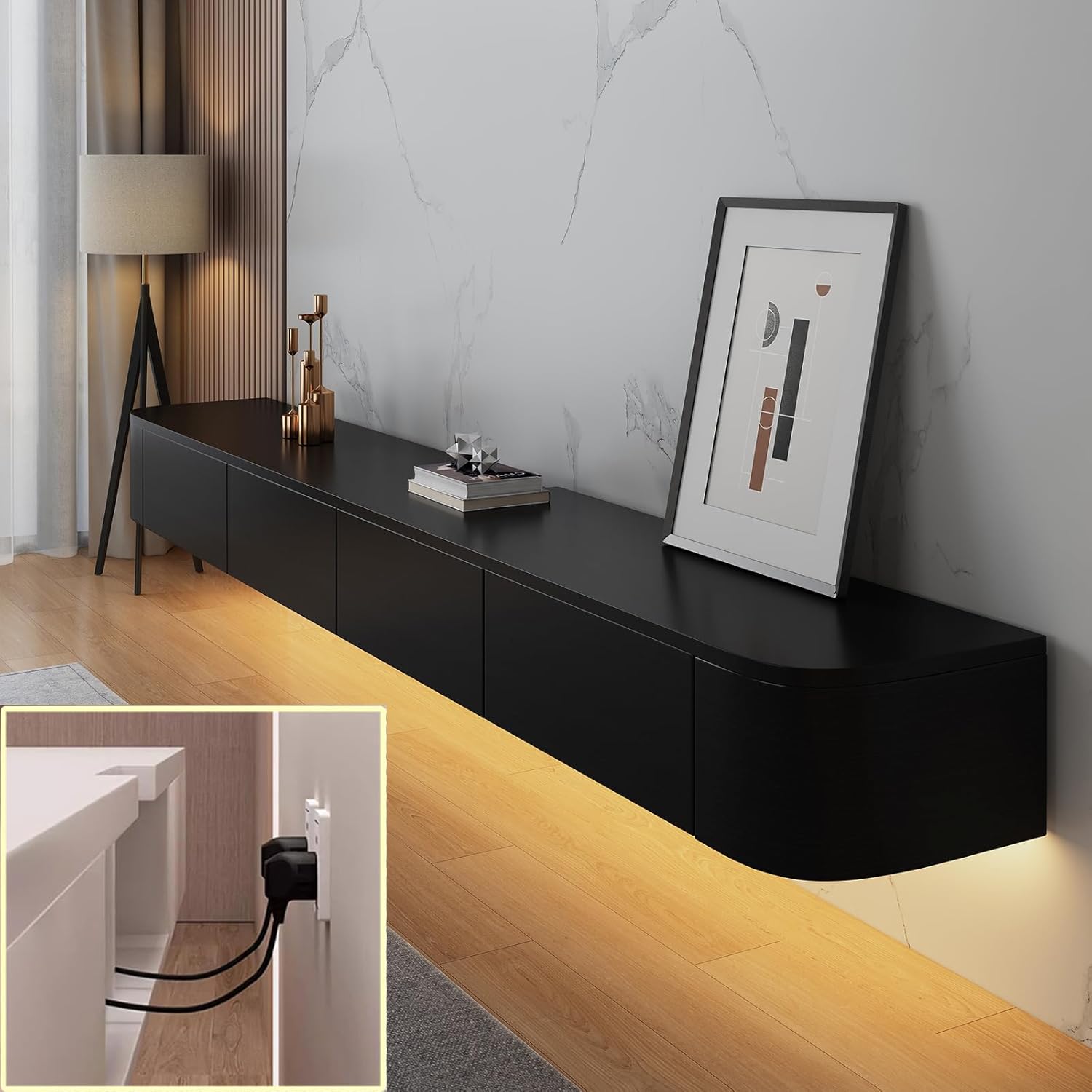 Floating TV Stand Large Floating TV Shelves Wall Mounted Multi Storage Compartment TV Media Console Floating TV Cabinet Bench Under TV Large Storage (Black with Led, 47.2 * 7.9 * 9.4 in)