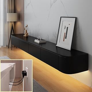 TV-Medienkonsole, schwimmender TV-Schrank, Wandmontage, TV-Schrank, mehrere große Aufbewahrungsmöglichkeiten, TV-Bank unter dem TV-Lowboard mit Schubladen (schwarz + LED, 200 x 20 x 24 cm)