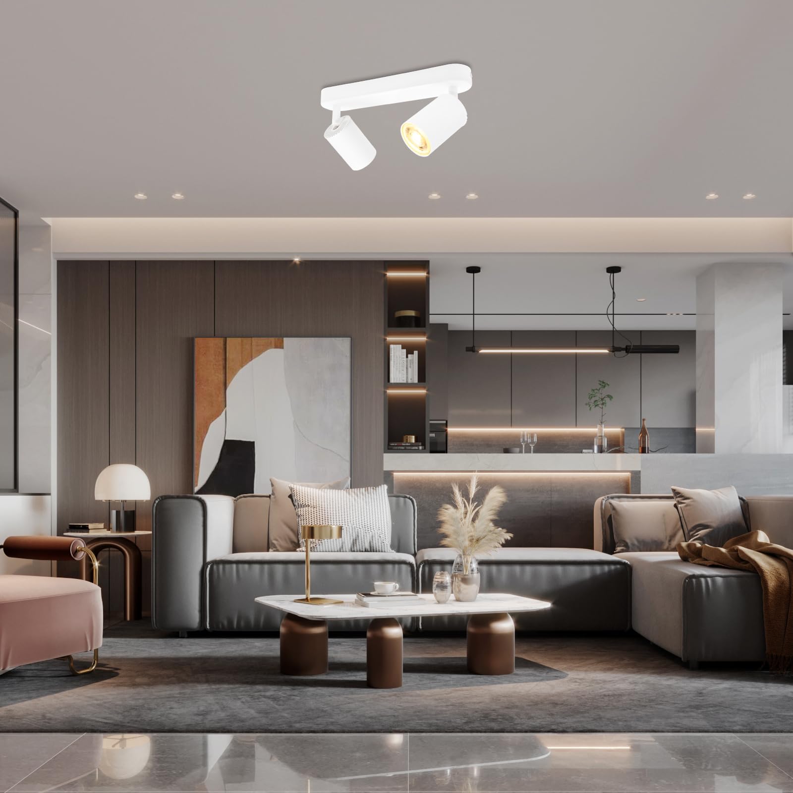 KYOTECH Lámpara de techo blanca con 2 focos Lámpara de techo LED de 5W orientable y giratoria incluida bombilla GU10 3000K 420LM Focos de techo para cocina, dormitorio, sala de estar