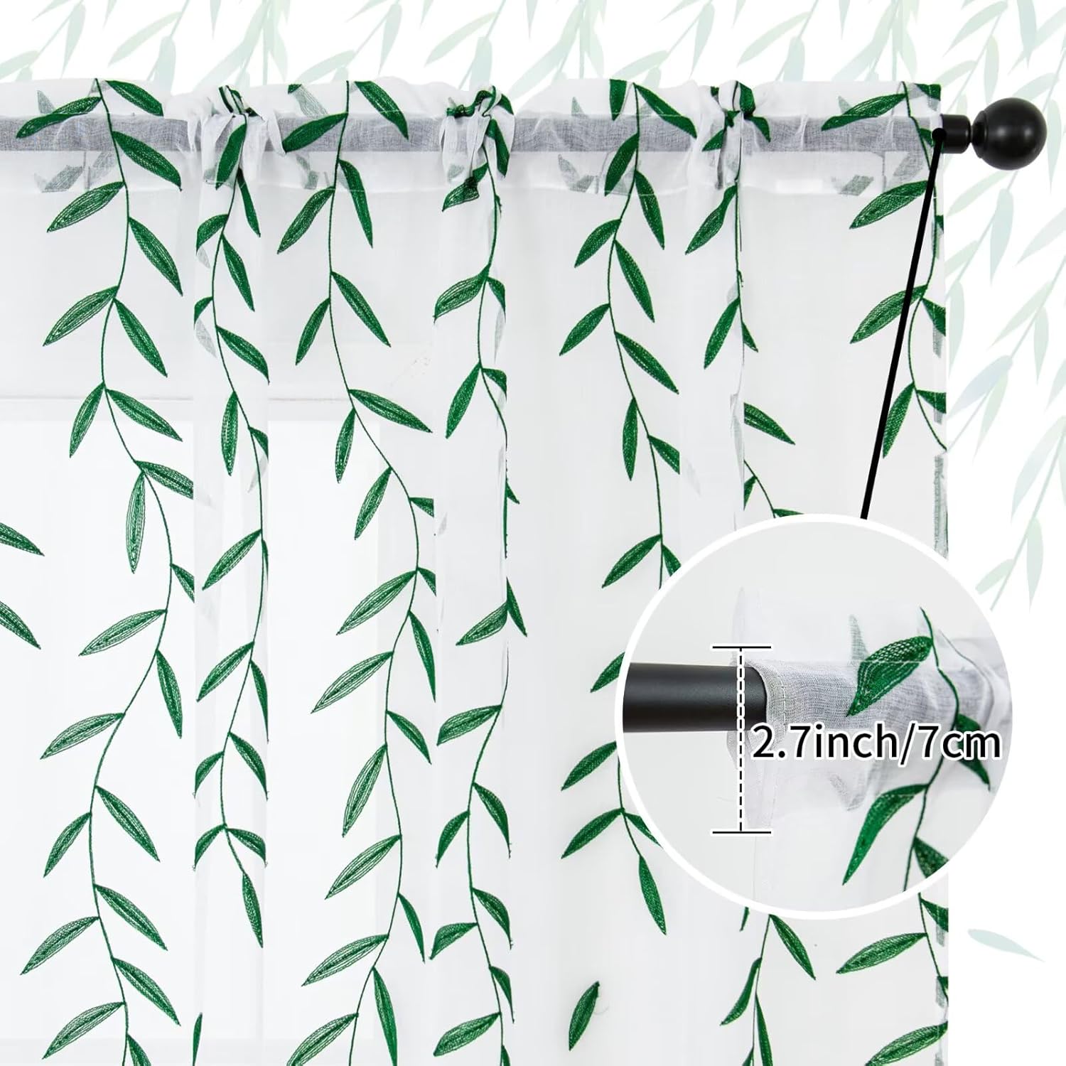 SpaceDresser Sheer Curtains 63 Inches Long, 2 Panels Embroidered Wicker Patterned Sheer Curtain, Rod Pocket Spring Voile Drapes for Living Room, Bedroom(W52 x L63 Inch, Green)