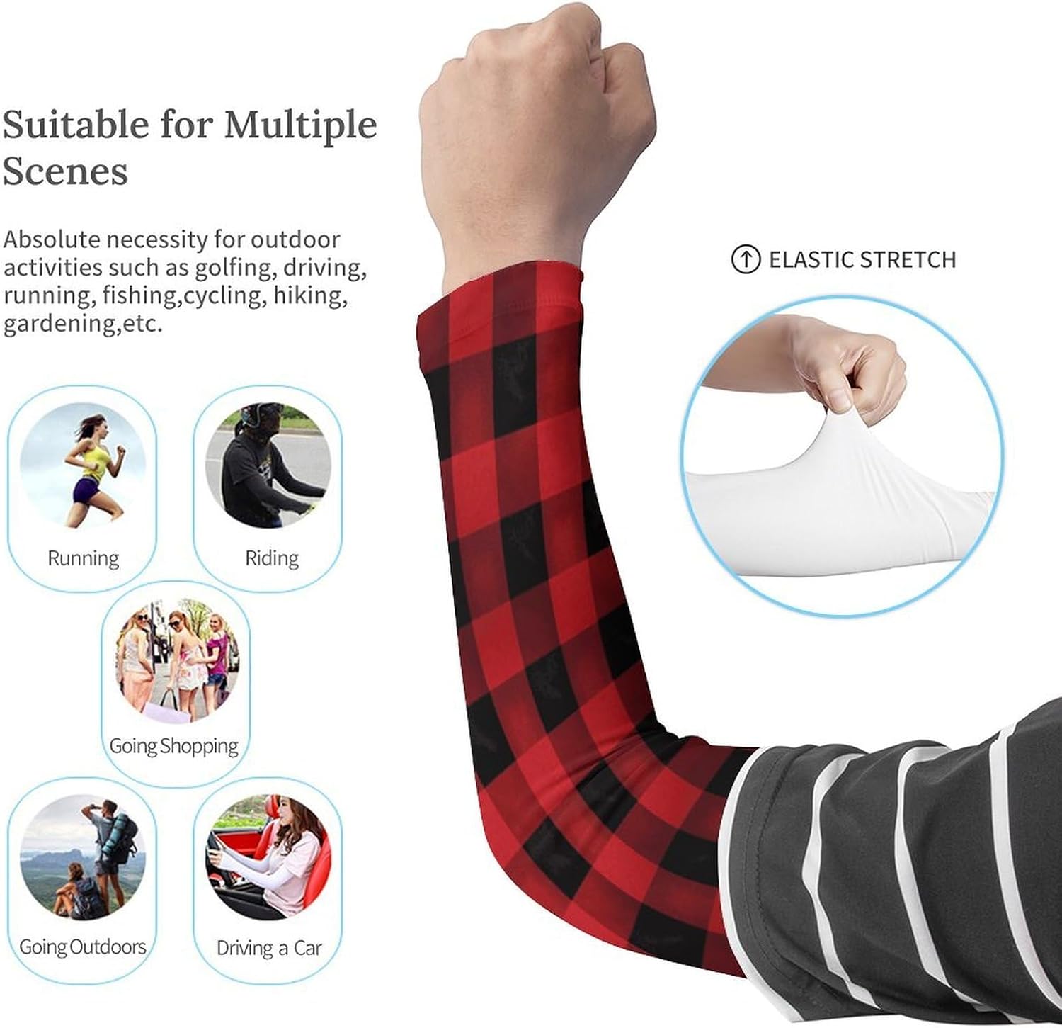 Sun Protection Arm Sleeves Cooling Compression Arm Covers 1 Pair | Red Black Buffalo Check Plaid Pattern Sports Compression Sleeves Cooling Arm Sleeves for Cycling Golf Fishing Driving Hiking