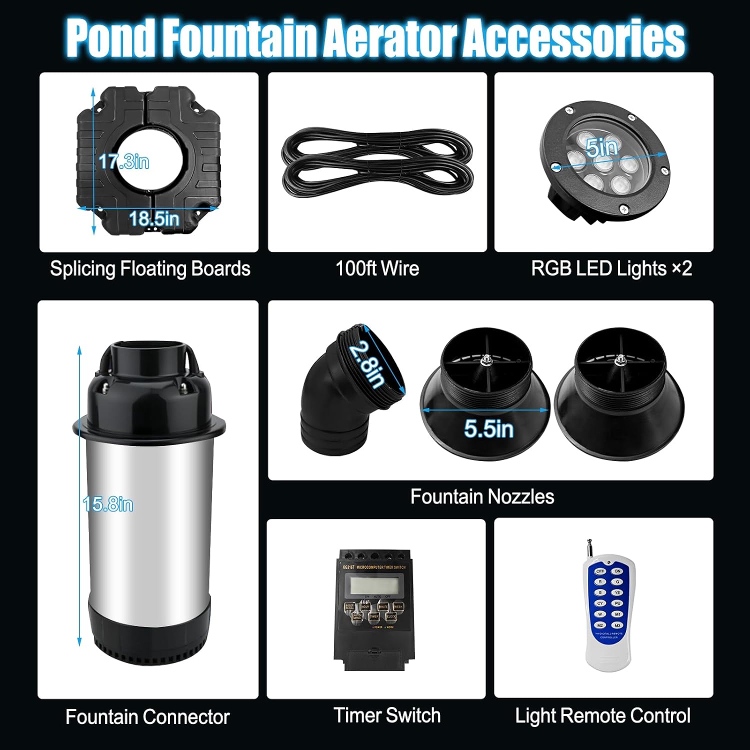 Pond Fountain Aerator with Lights RGB LED, 1HP 750W Floating Pond Fountain for Outdoor, 110V 15000 GPH Aerators Fountains Pump for Lake Garden Yard with 2 LED Lights 100ft Power Cord