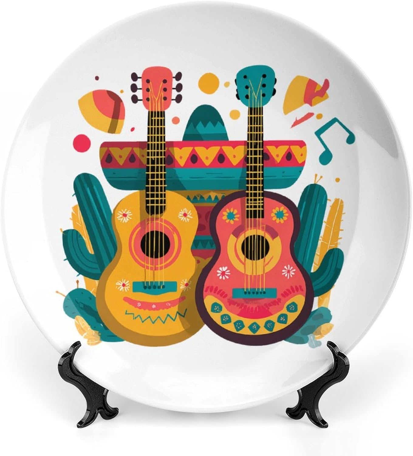 Mexican Music Guitar Cactus Decorative Plates for Display Ceramic Plate Tray with Stand Hanger Home Decor