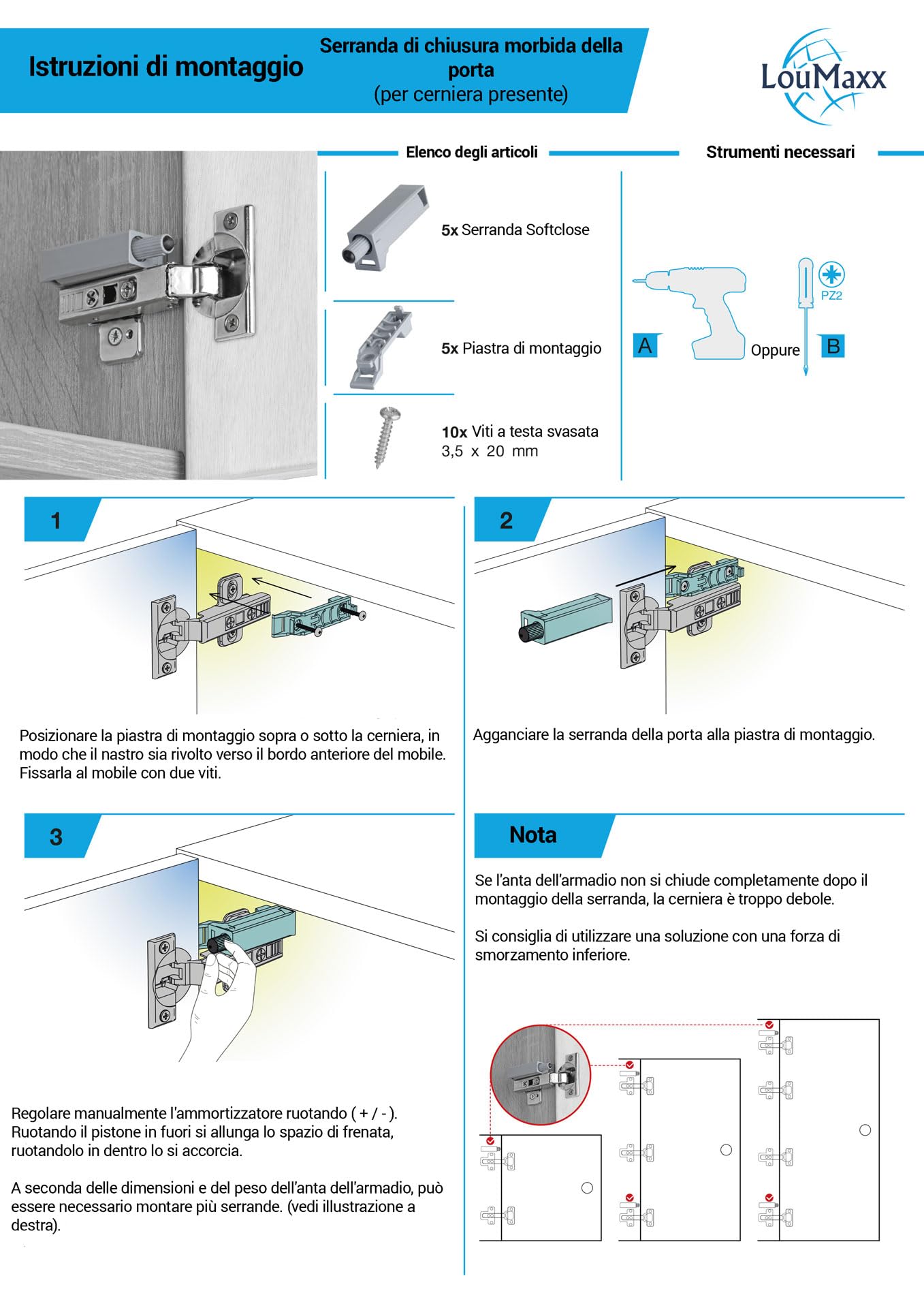 LouMaxx Softclose - Set di 2 smorzatori per porte dell'armadio ammortizzatori per una facile chiusura morbida delle ante - per l'armadio