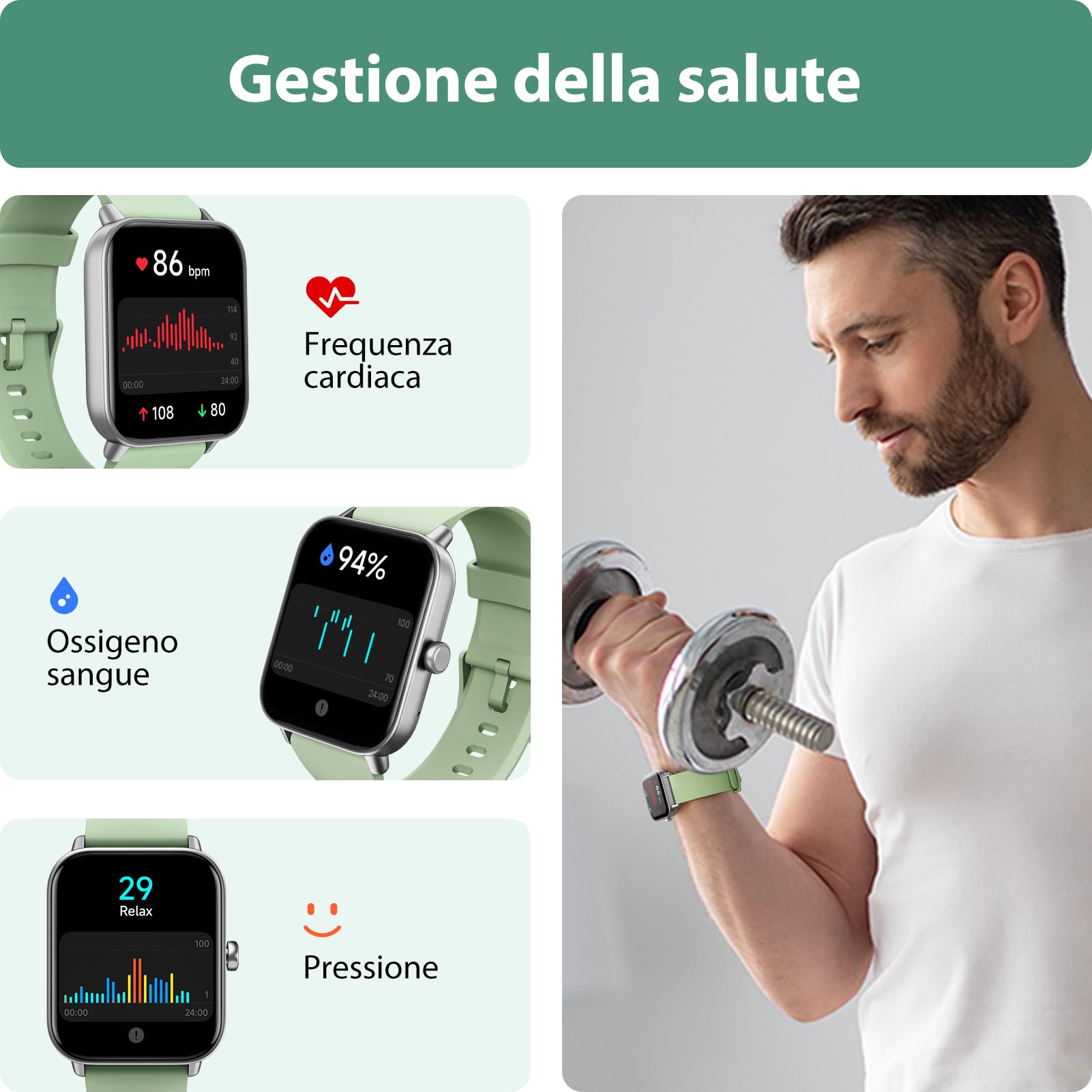 Tensky Smartwatch Uomo Donna Rispondi/Effettua Chiamate, 1.8" Orologio Alexa Integrata, SpO2/Frequenza Cardiaca/Sonno/Stress, 100 Modalità Sport, IP68 Smart Watch per Android/iOS Verde