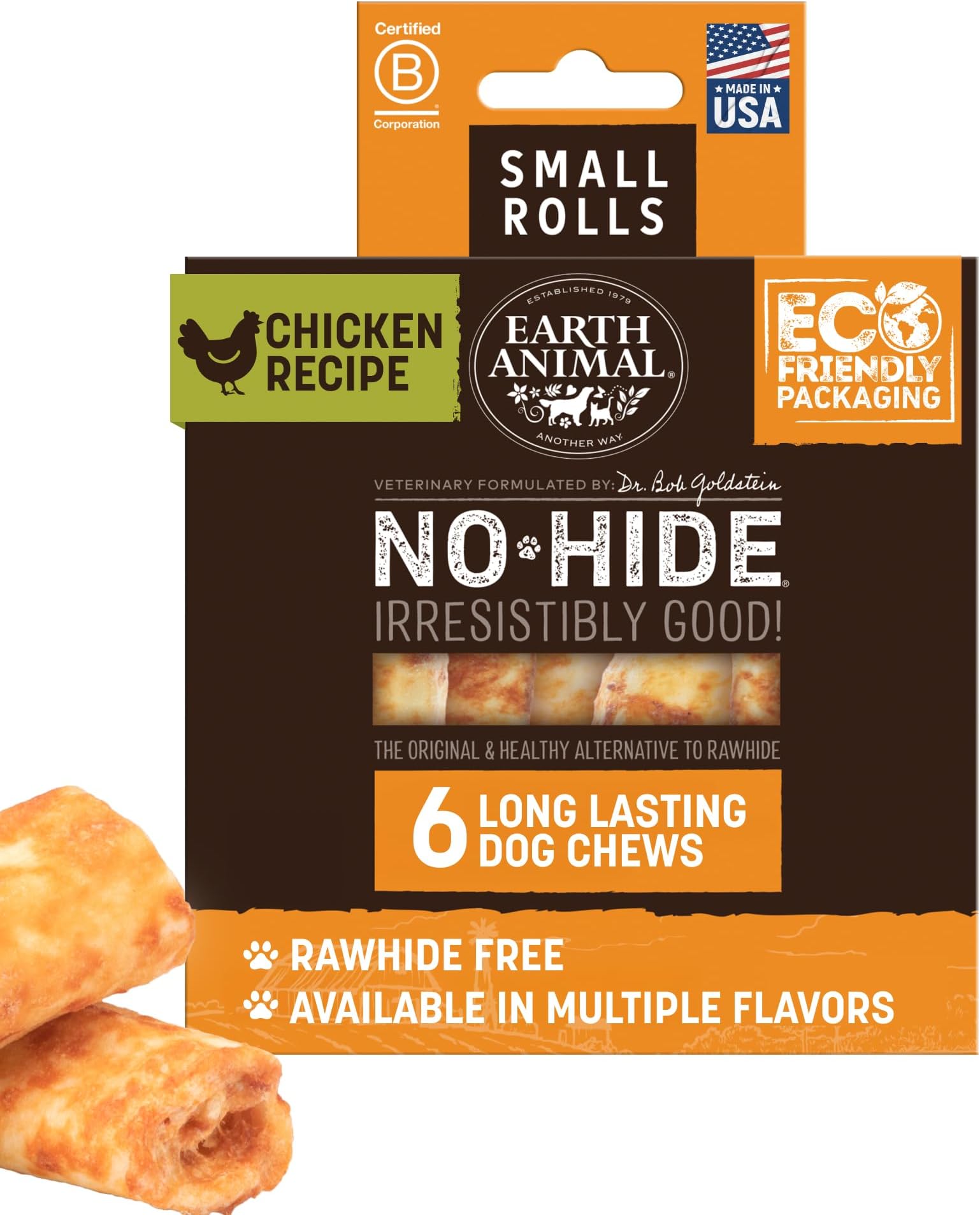 Earth Animal No Hide Chews - Long Lasting Rawhide Free Small Dog Chews Rolls, Chicken - 6 Count