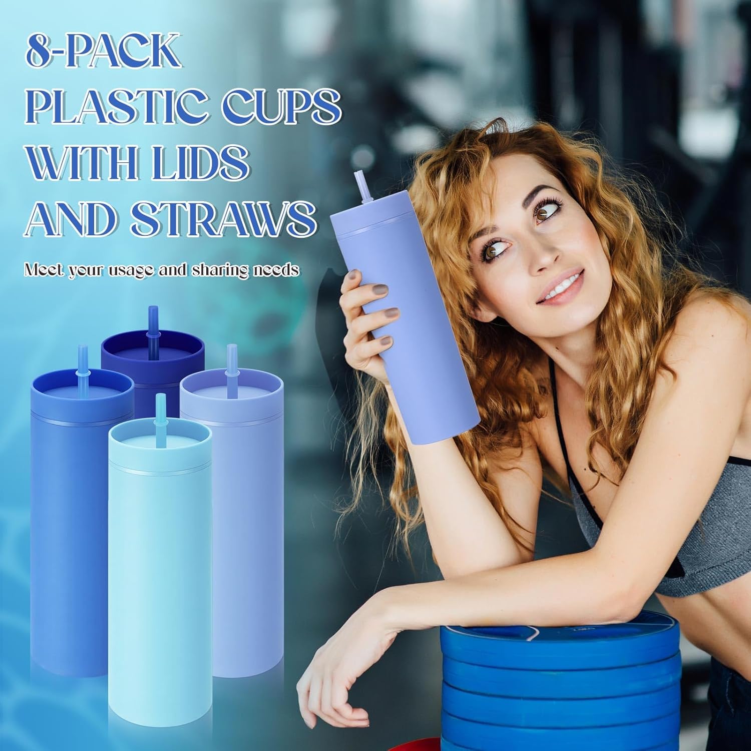Baderke 8 Pack 16 oz Skinny Tumblers with Lid and Straw Matte Multicolor Reusable Double Wall Plastic Cup Coffee Travel Drinking Mug for Valentine Day Girl Women Home Birthday Gift (Blue) - Image 3