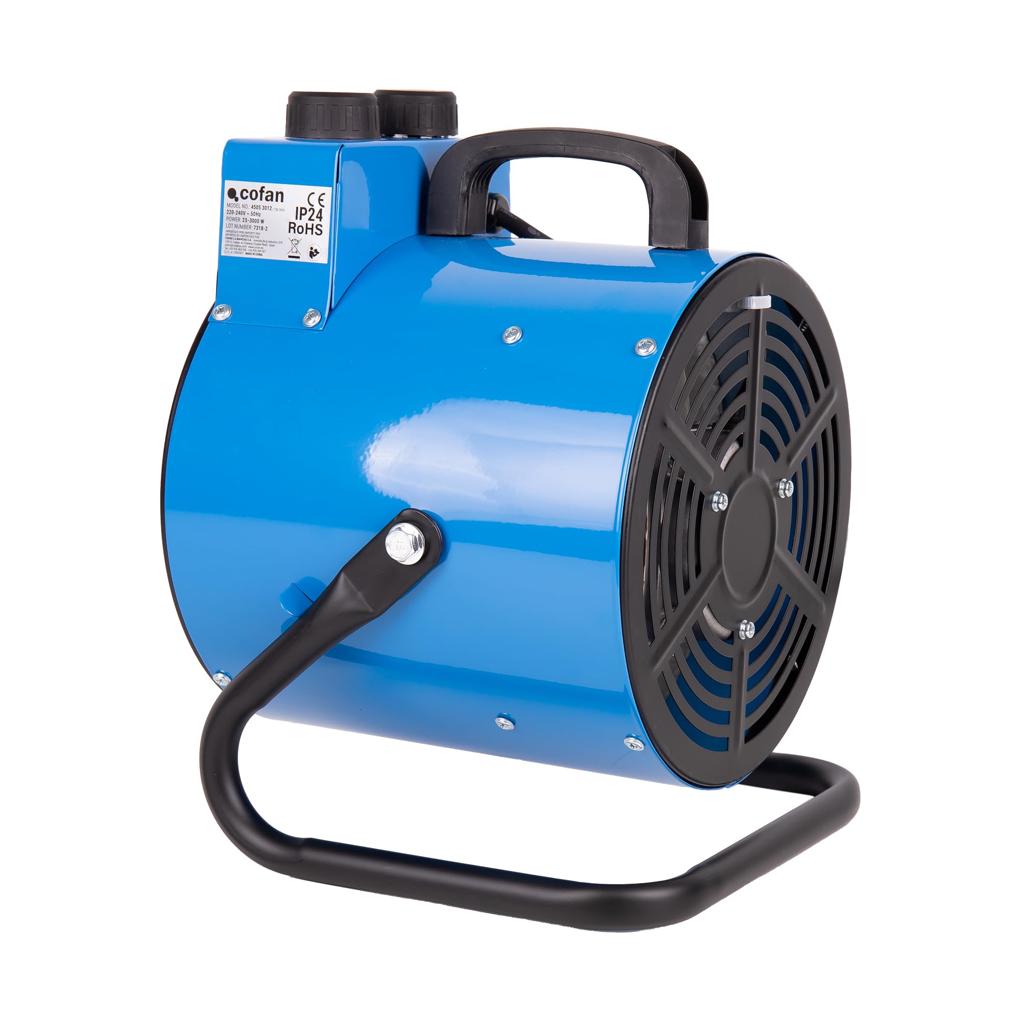 Cofan Calefactor industrial 3000 W | 2 niveles de potencia | Termostato ajustable | Función ventilador | Color azul | Adecuado para talleres y almacenes