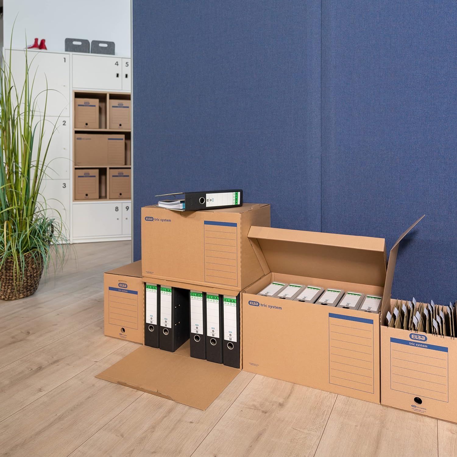 Elba Archiv-Box Tric System, naturbraun, 10er Pack und Oxford myColour Ordner A4, 8 cm breit, zweifarbig weiß sortiert, 10er Pack