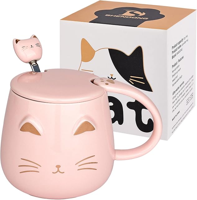 SHENDONG Pink Cat Mug Cute Ceramic Coffee Cup with Kawaii Lid and Lovely Stainless Steel Spoon Novelty Morning Cup Coffee Milk Tea Mugs - 3D Animal Cat Mugs for Cat Lovers Women Gifts(Pink)