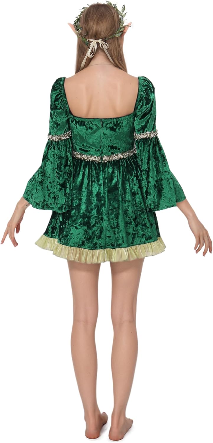 DAZCOS Womens Velvet Green Fairy Dress Long Bell Sleeve Princess Cosplay Costume for St. Patrick's Day - Image 5