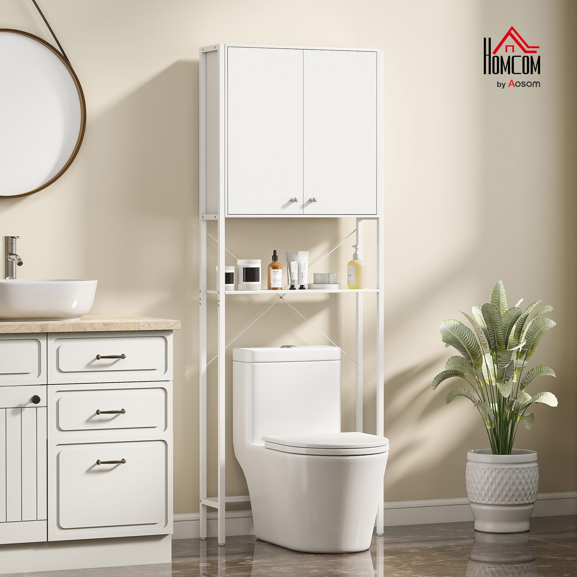 HOMCOM Mobile Bagno Sopra WC con Armadietto e Ripiano Aperto, Mobile Sopra Lavatrice Salvaspazio con Gambe in Metallo, per Bagno e Lavanderia, 64x20x180 cm, Bianco
