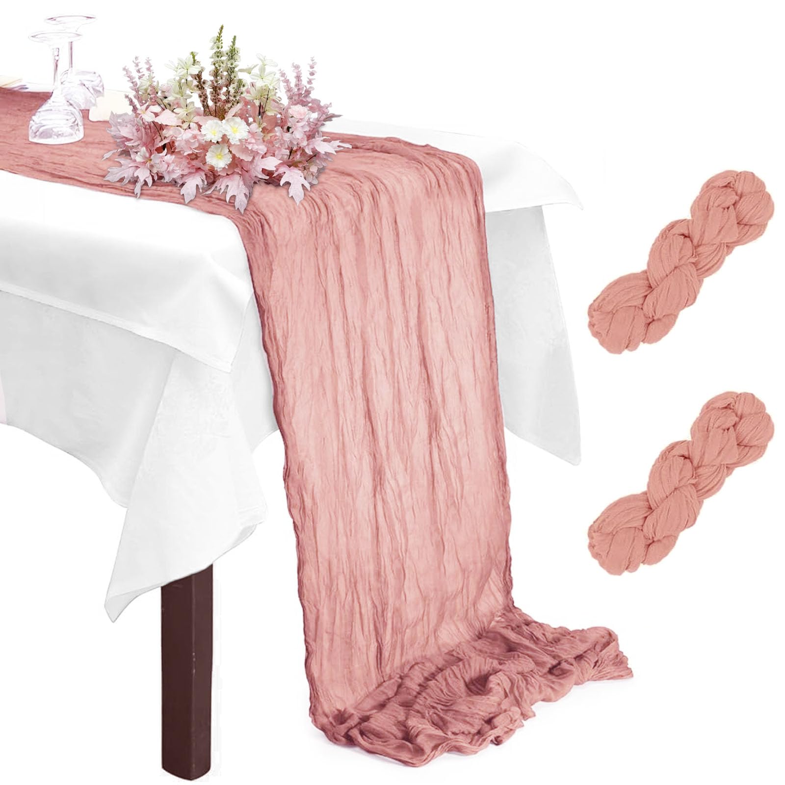 Cheesecloth Table Runner, 2Pcs Pink Table Runner(90×300cm)
