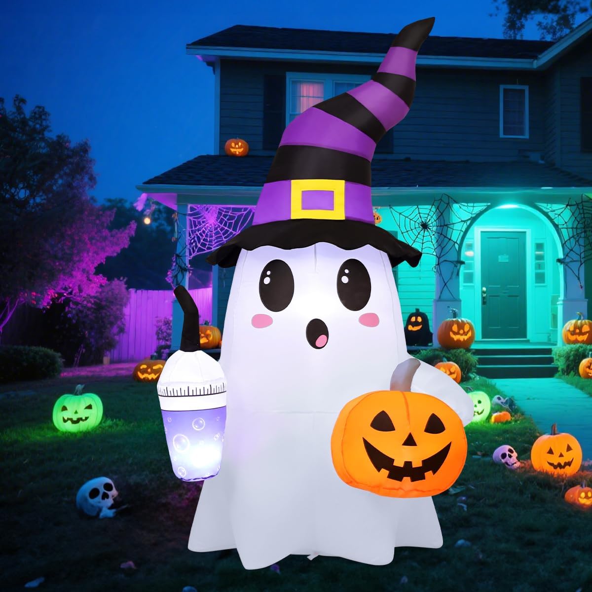 GOOSH 6.2FT Halloween Inflatables Ghosts Holding Magic Drinks and Pumpkin, Blow Up Yard Cute Ghost with Built-in LEDs for Halloween Garden Lawn Indoor Party Decor