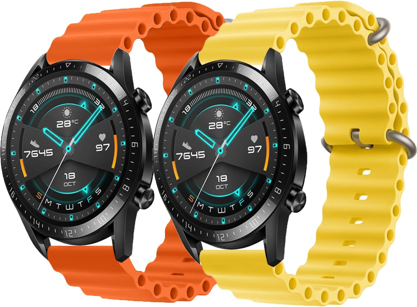 2 Pcs 22mm Ocean Silicone Band for Samsung Galaxy Watch 46mm/3 45mm/Gear S3 Classic//Gear S3 Frontier, Adjustable Sport Replacement Strap with Buckle for Huawei Watch Gt 2 46mm, Orange/Yellow