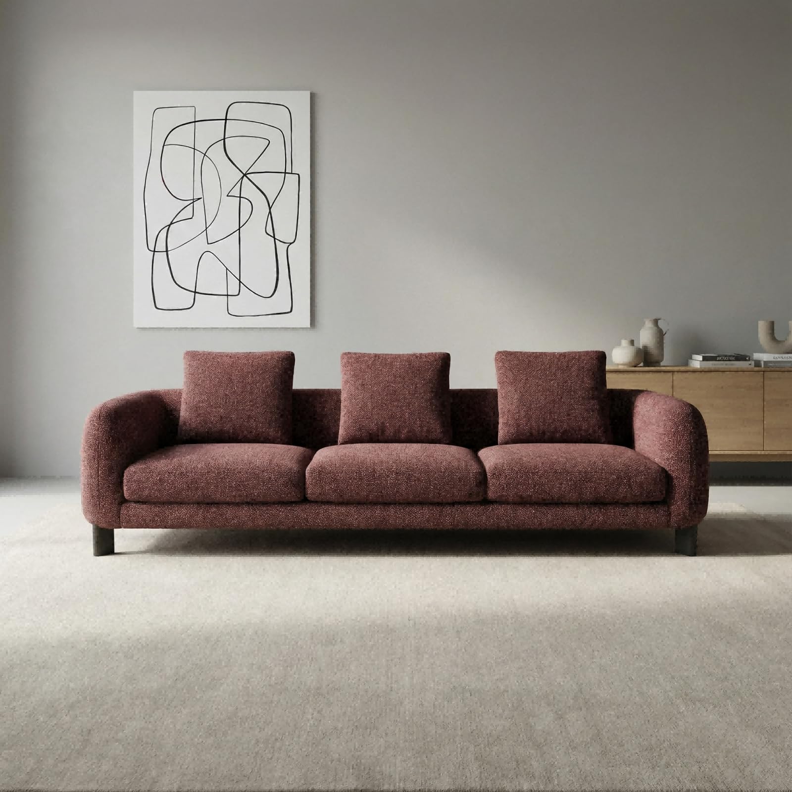 Modern Minimalist Sofa, Italian Wabi Sabi Living Room Couch, 3 Seater Tweed Fabric Lounge Sofa with Accent Pillows for Apartment and Modern Homes