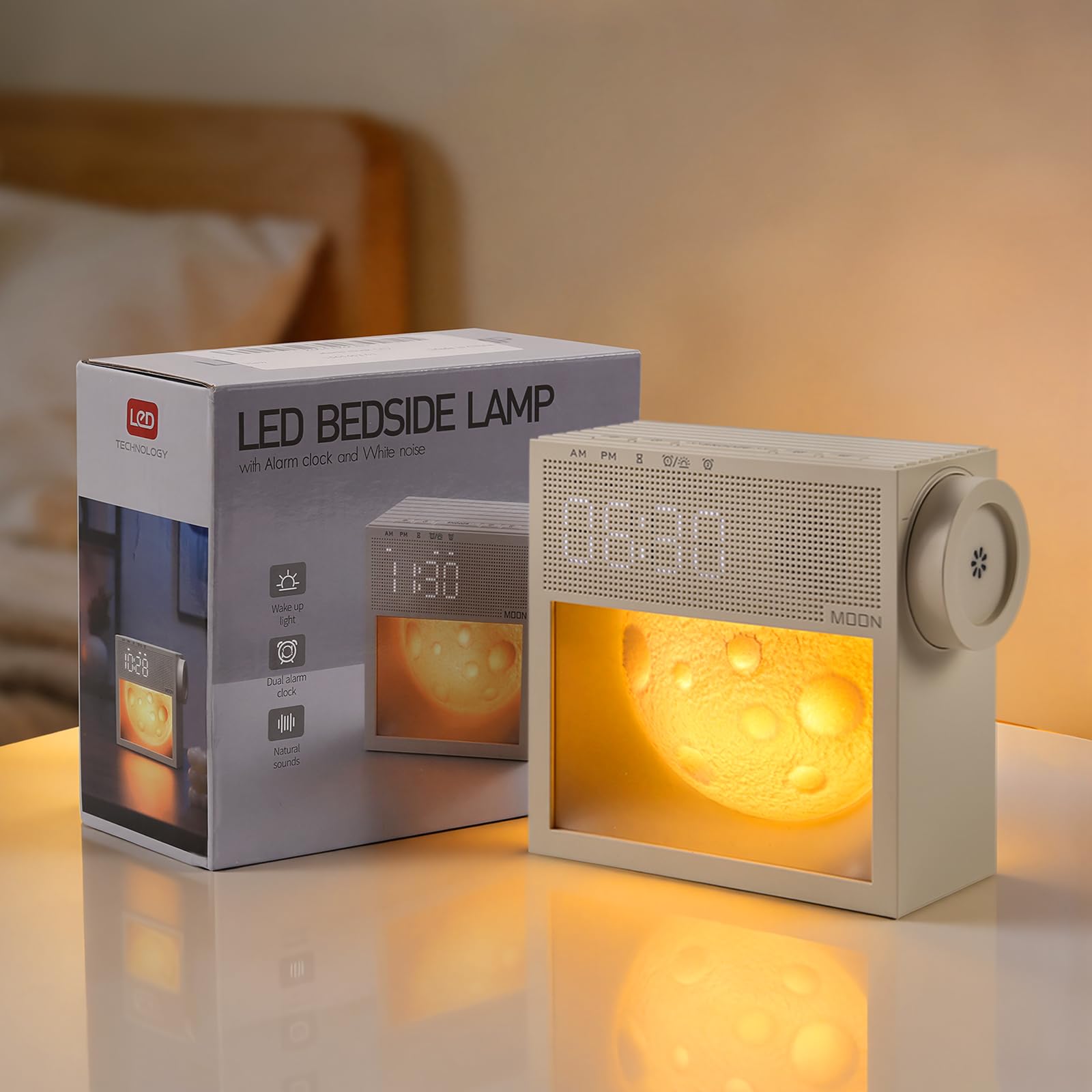 Vimaz White Sunrise Alarm Clock Bedside Moon Lamp With 20 Natural Noise Sounds,Digital Alarm Clock With Light,Wake Up Light Sunrise Alarm Clock For Heavy Sleepers Adults,Dual Alarms For Weekdays/Weekends