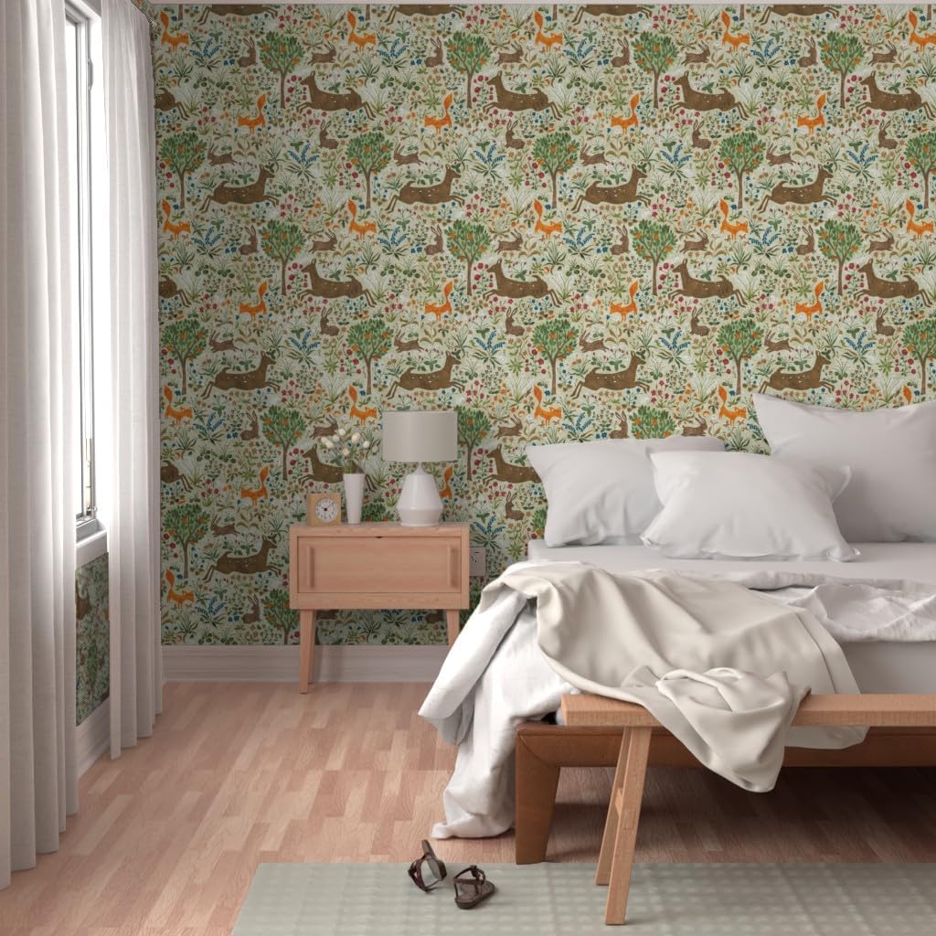 Spoonflower Peel & Stick Wallpaper 3ft x 2ft - Animals Forest Fox Rabbit Hare Lizard Custom Removable Wallpaper