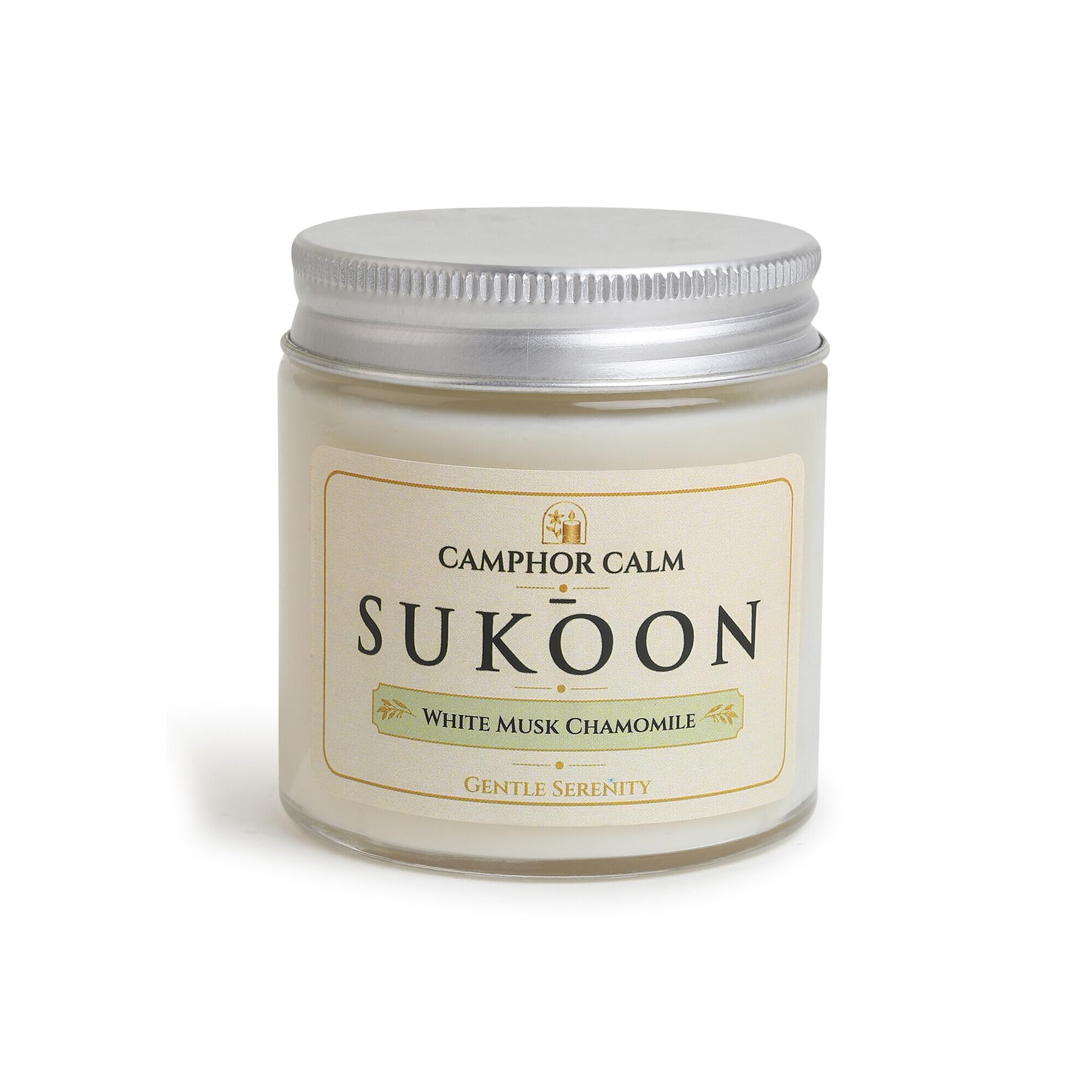 Sukoon | Camphor Infused Soy Wax Scented Candle | White Musk & Chamomile Fragrance | Luxury Home Fragrance Candle-image-11
