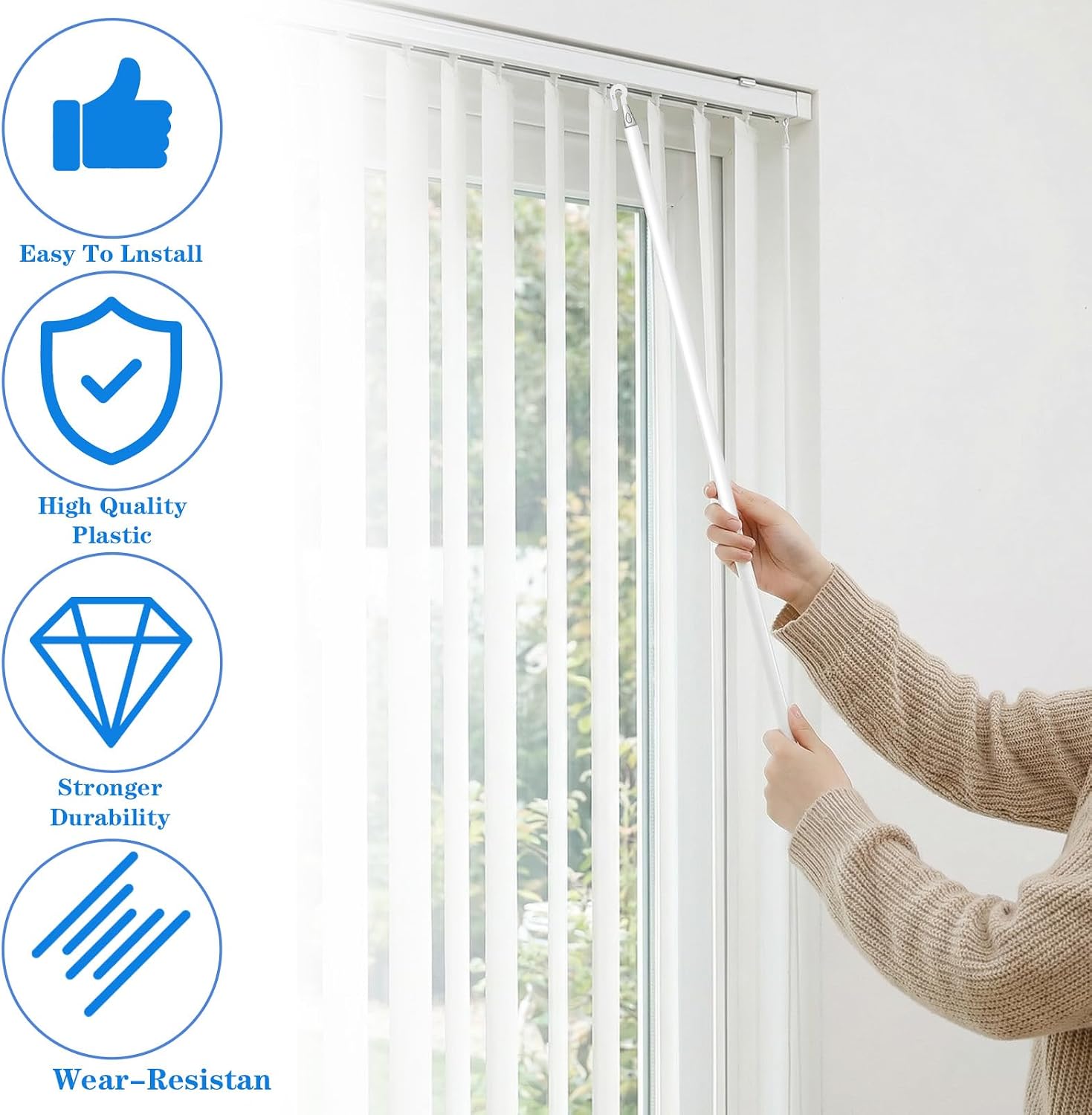 Thinp 2 Pcs Detachable Blind Wands, 24 Inches Blind Wand Replacement with Hook White Plastic Blind Sticks to Open Blinds for Vertical Blinds Cordless Curtains & More