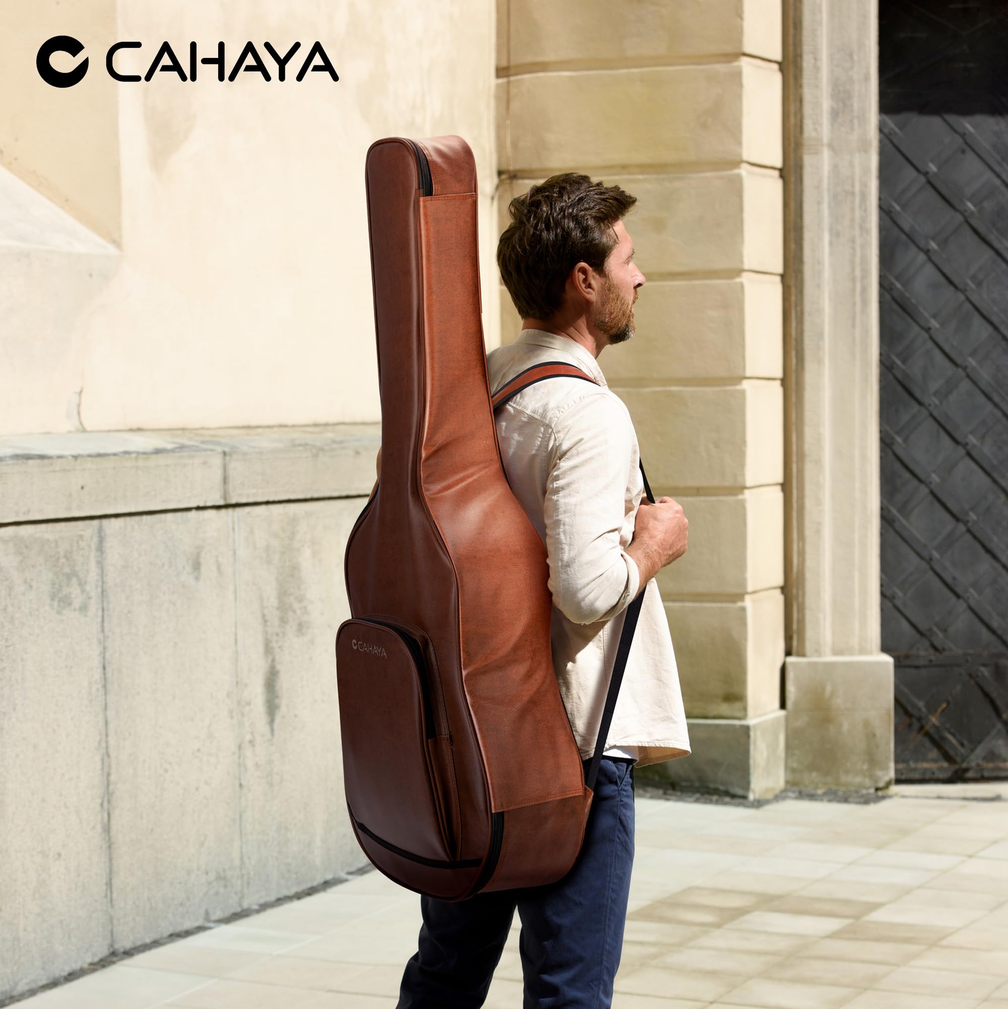 CAHAYA Custodia per Chitarra Acustica PU - Marrone Impermeabile con Imbottitura Traspirante 15 mm di Spessore - Doppia Cerniera