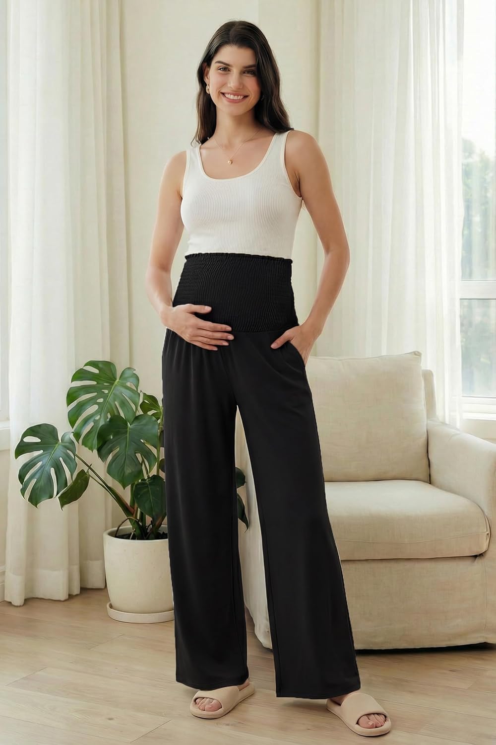 OUGES Womens Lyocell Cotton Maternity Pants Over Belly Smocked Waist Stretchy Casual Wide Leg Palazzo Pants with Pockets - Image 2