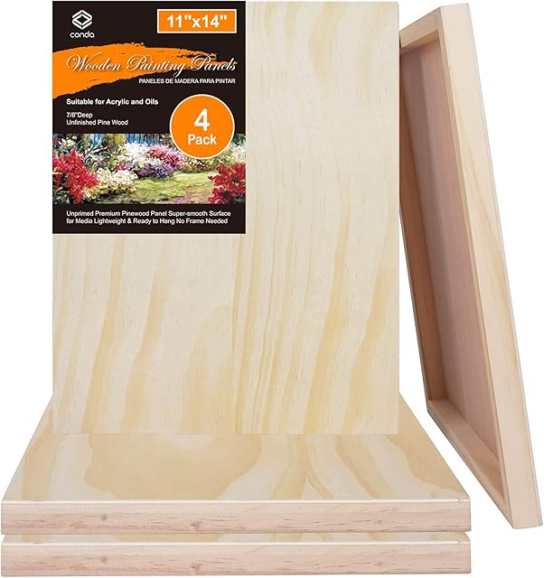 CONDA Wood Canvas Boards 4 Pack 11 x 14" Wood Board for Artists - 3/4" deep Cradle Profile  Suitable for Painting, Wood Burning and Pouring with Oil Color or Acrylic Color