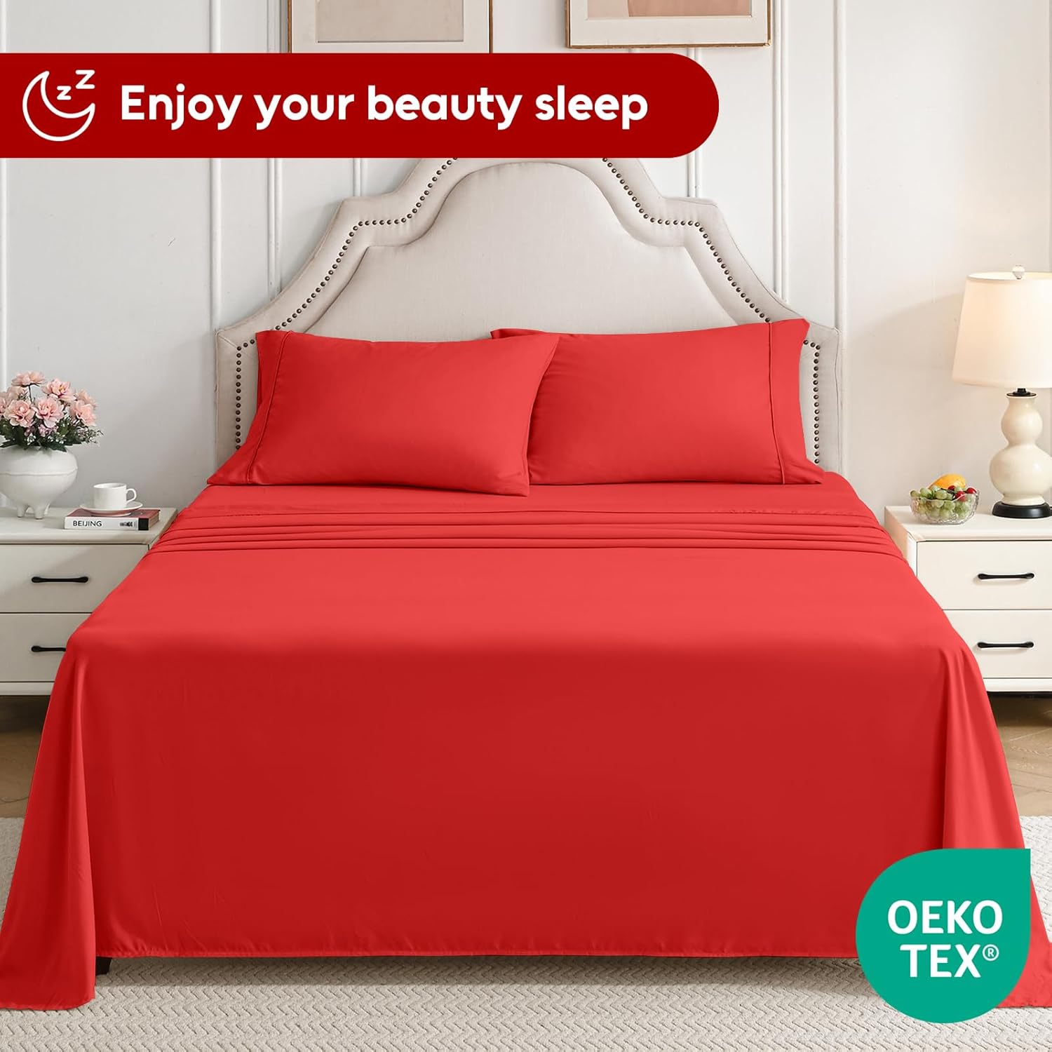 Queen Sheet Set, 4 Pieces Hotel Luxury Soft Microfiber Queen Bed Sheets Set, Up to 16" Deep Pockets, Oeko-Tex Sheets with Elastic, Breathable, Wrinkle Free (Red, Queen)