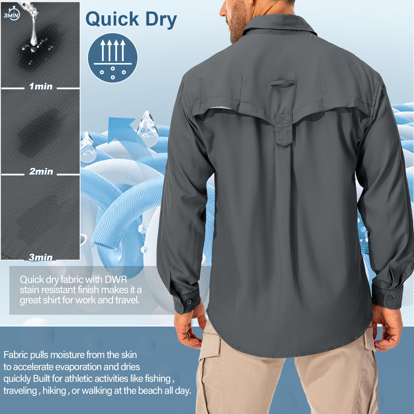 Chemise pour homme UPF50+ Chemise UV à manches longues Chemise respirante boutonnée Chemise fonctionnelle Chemise de plein air Sport Loisirs Chemise de pêche pour homme