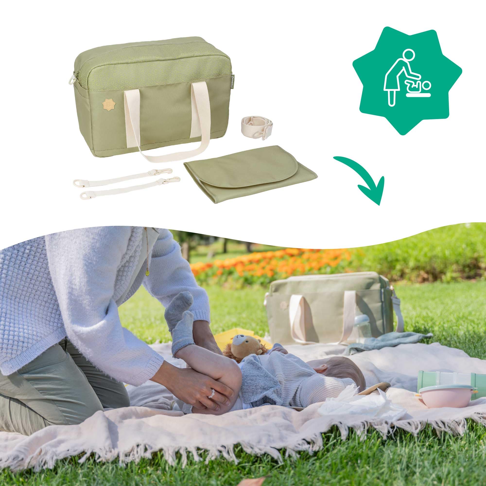 Badabulle Sac à langer Bowling, Grande Contenance 26L, Nombreuses poches, Matelas à langer inclus, Olive