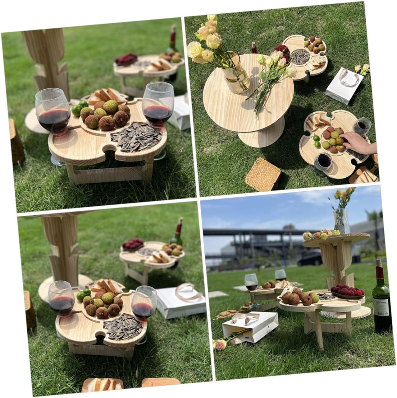 Portable Folding Picnic Table with Wine Desk, 35cm Diameter Wooden Flower-Shaped Outdoor Camping and Beach Table for Travel and BBQ