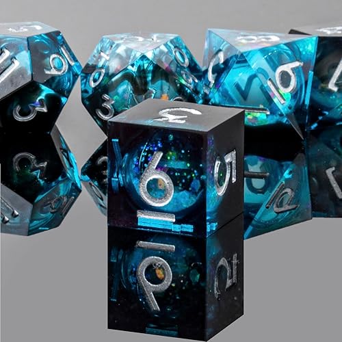 Miniatura 6 de Liquid Core - Juego de dados DND, 7 piezas de dados de resina con bordes afilados para Calabozos y Dragones, dados poliédricos D&D hechos a mano,