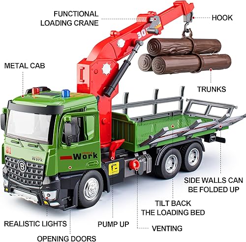 Miniatura 2 de Camión maderero de madera con cabina de metal de juguete, camión de troncos accionado por fricción con grúa de carga completamente funcional y 3