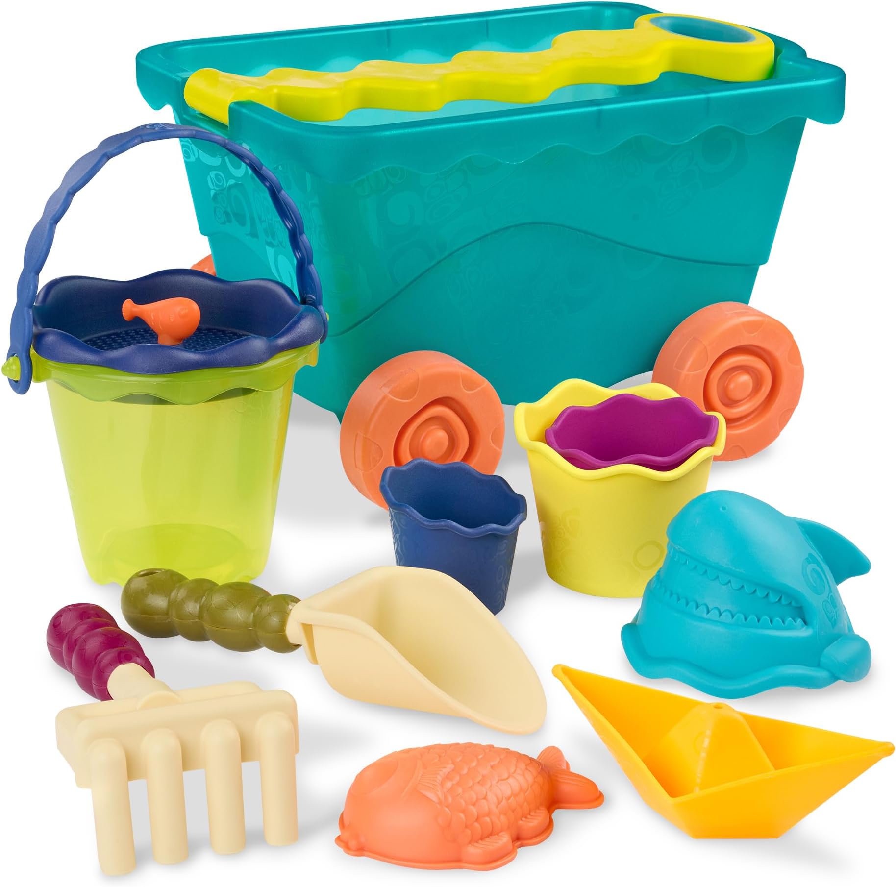 B. toys Sandbox Set Travel Beach Wagon Sand Play Toy Set of 11 (Blue) 1.5 Years Old and Up Authentic